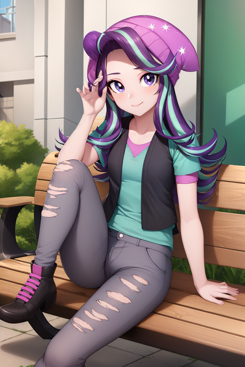 00011-2320326977-(masterpiece, best quality_1.2), , solo, 1girl, mlpglimmer, colored skin, smile, looking at viewer, sitting, bench, streaked hai.png